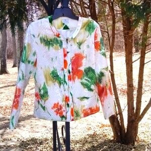 Chico's Giovanna Sequined Zippered Summer Floral Optic White Jacket  size 1
